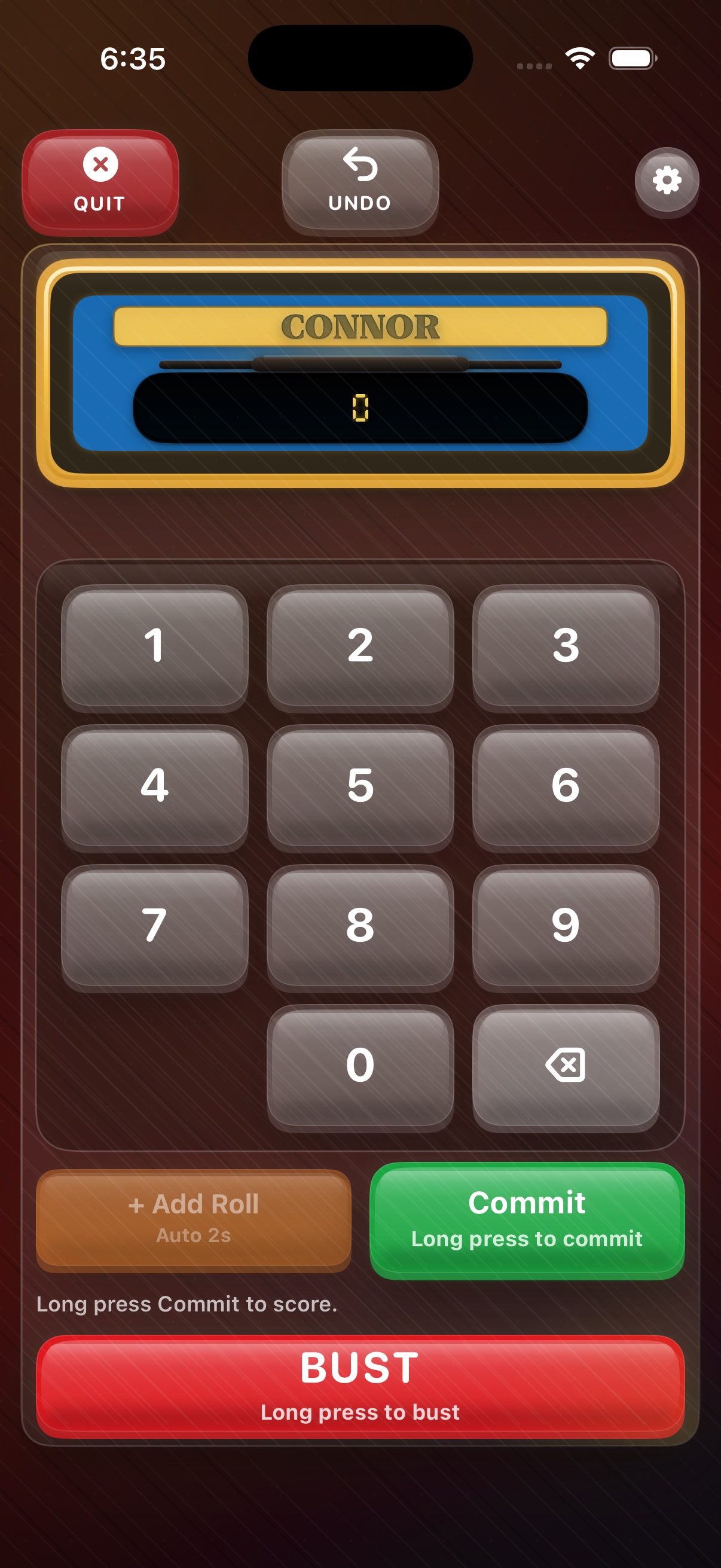Farkle Companion iPhone controller with player controls, keypad, commit, and bust actions