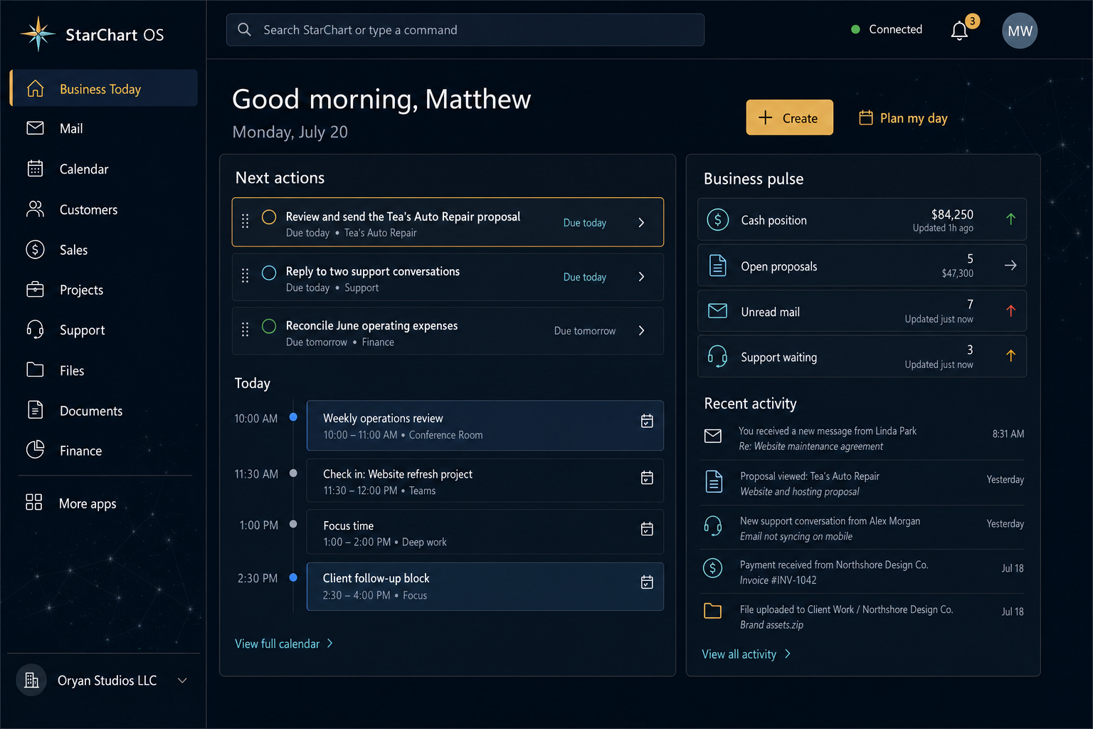 StarChart OS Business Today workspace concept showing navigation, next actions, business pulse, and recent activity